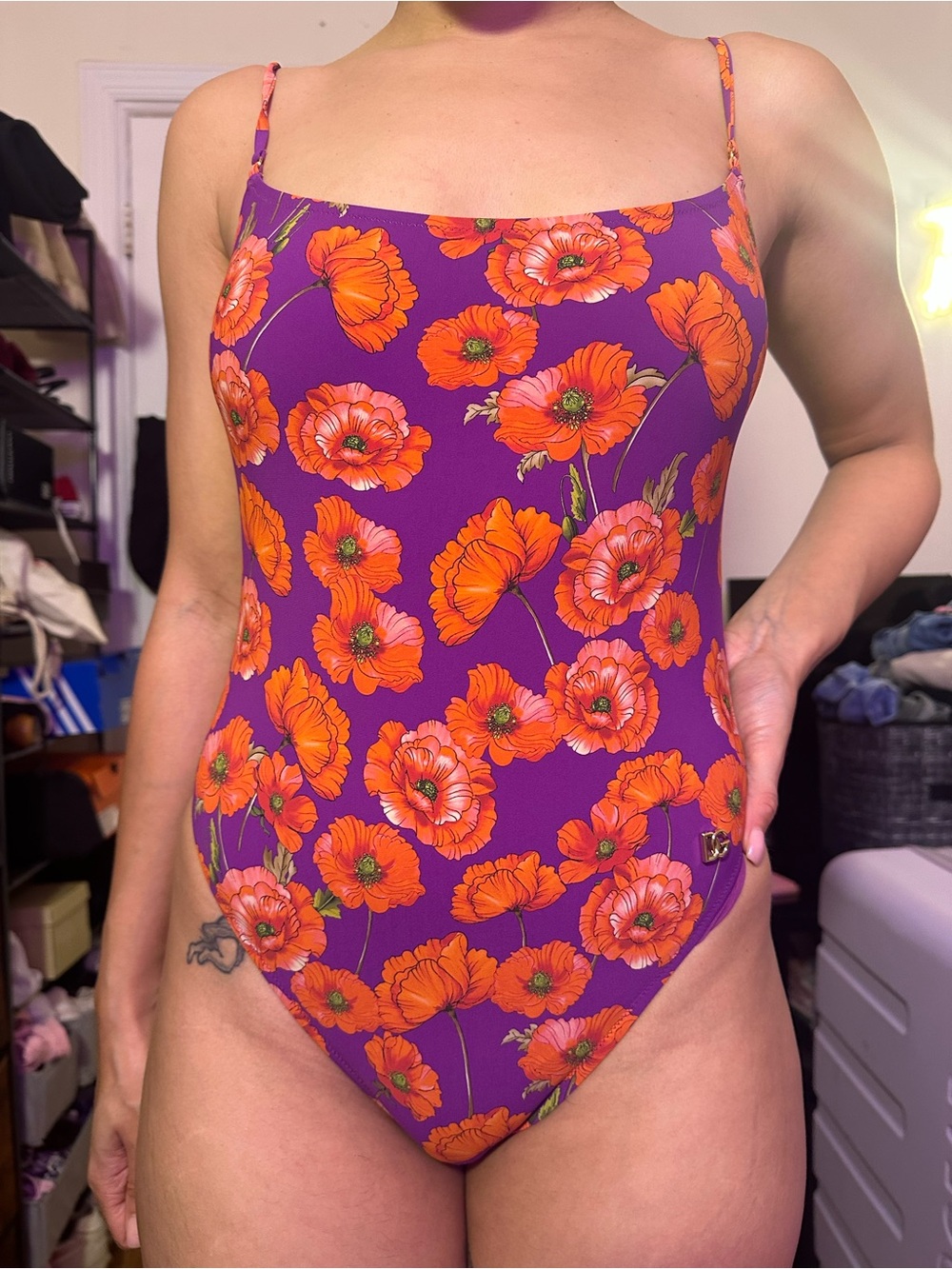 Dolce & Gabbana Purple Poppy Floral One Piece Swimsuit + D&G Floral Zip Pouch 🌺💜